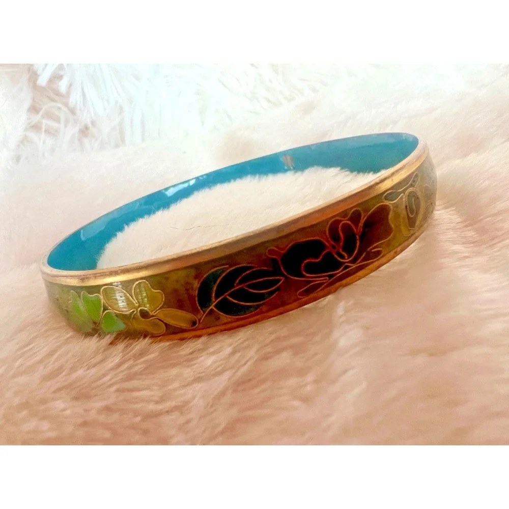 Vintage Cloisonne‎ Bangle Floral Green Teal Enamel Brass Bracelet Earth Tones